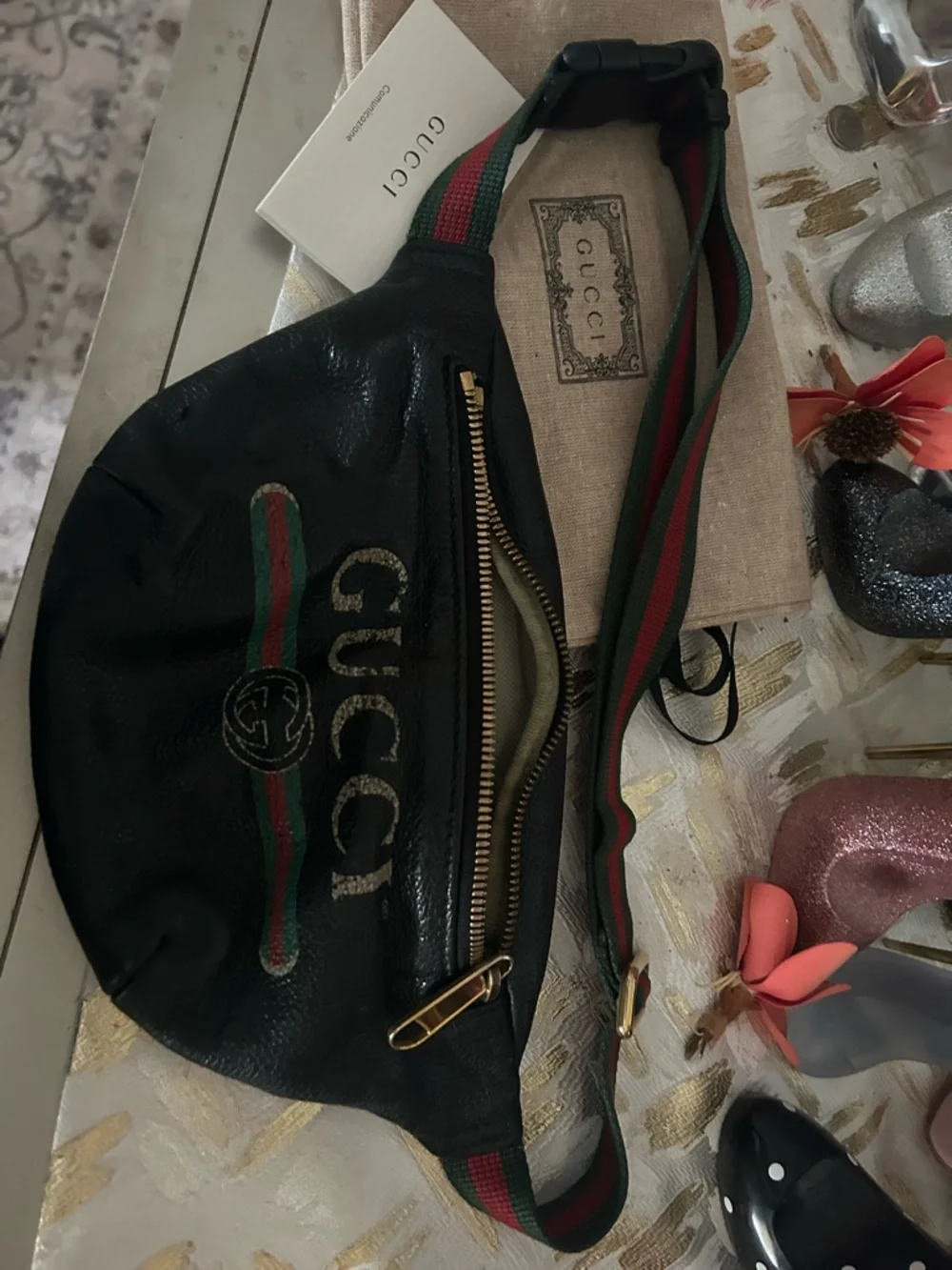 Gucci Black Leather Belt Bag with Green-Red Web Strap! Final price. No offers. - Picture 2 of 16